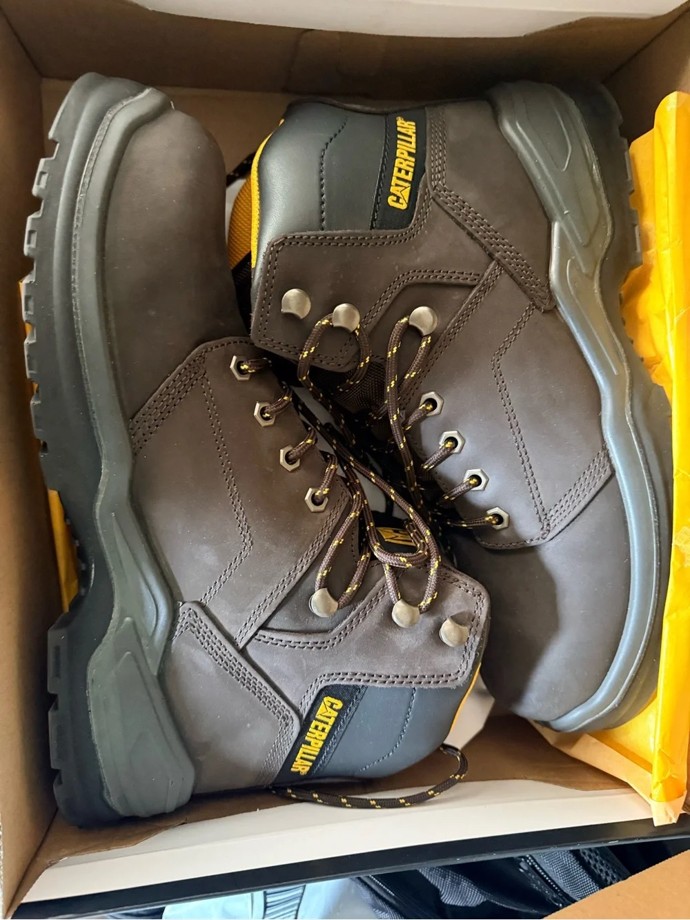 Caterpillar Brown and Yellow Men's Work Boots - Lace-Up Safety Boots